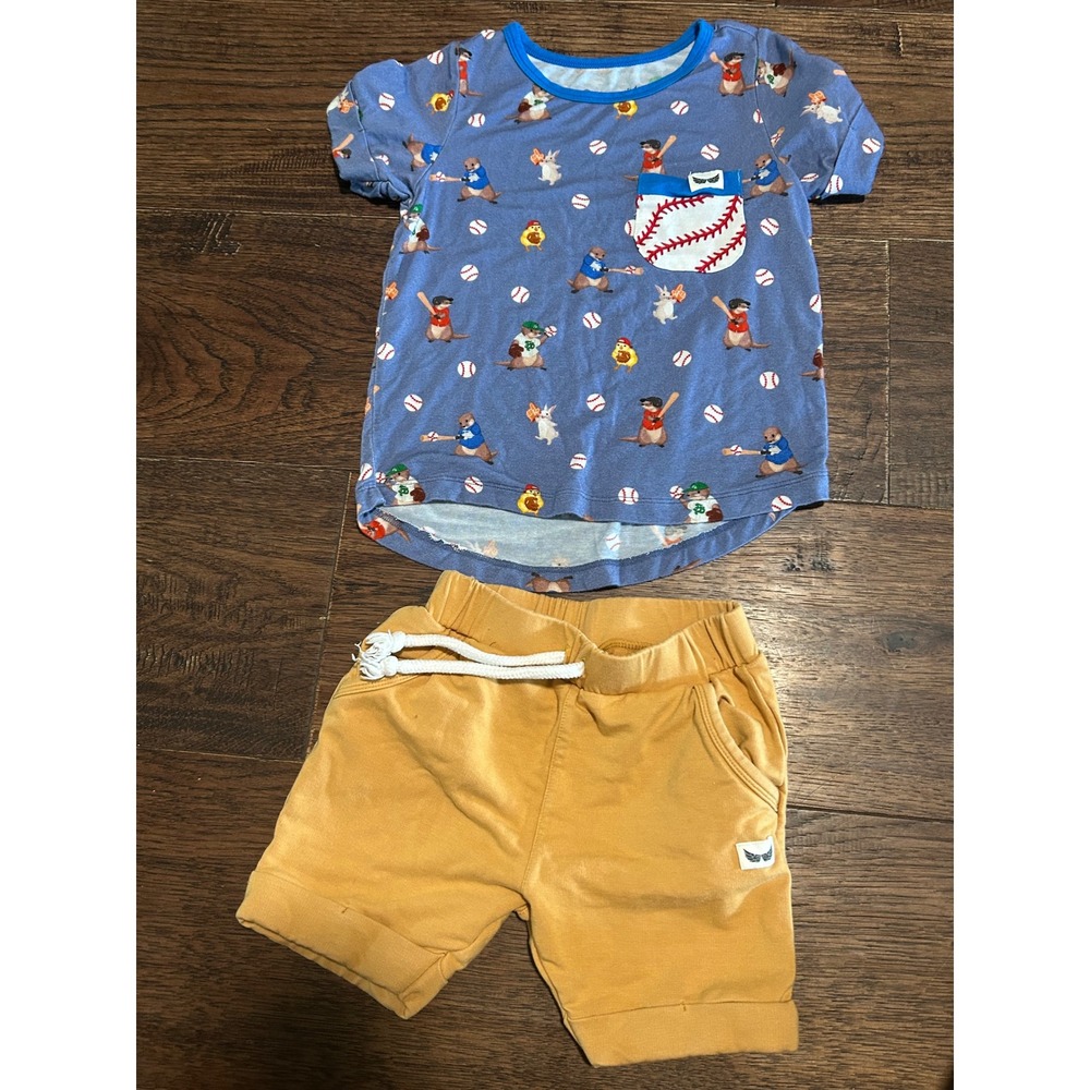 Free Birdees Kids 3T Bamboo Baseball Otter Bunny Short Set Blue Yellow